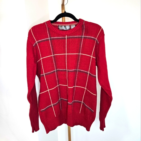Oscar de la Renta Other - Oscar De La Renta Mens Red Windowpane Knitted Long Sleeve Sweater Sz M